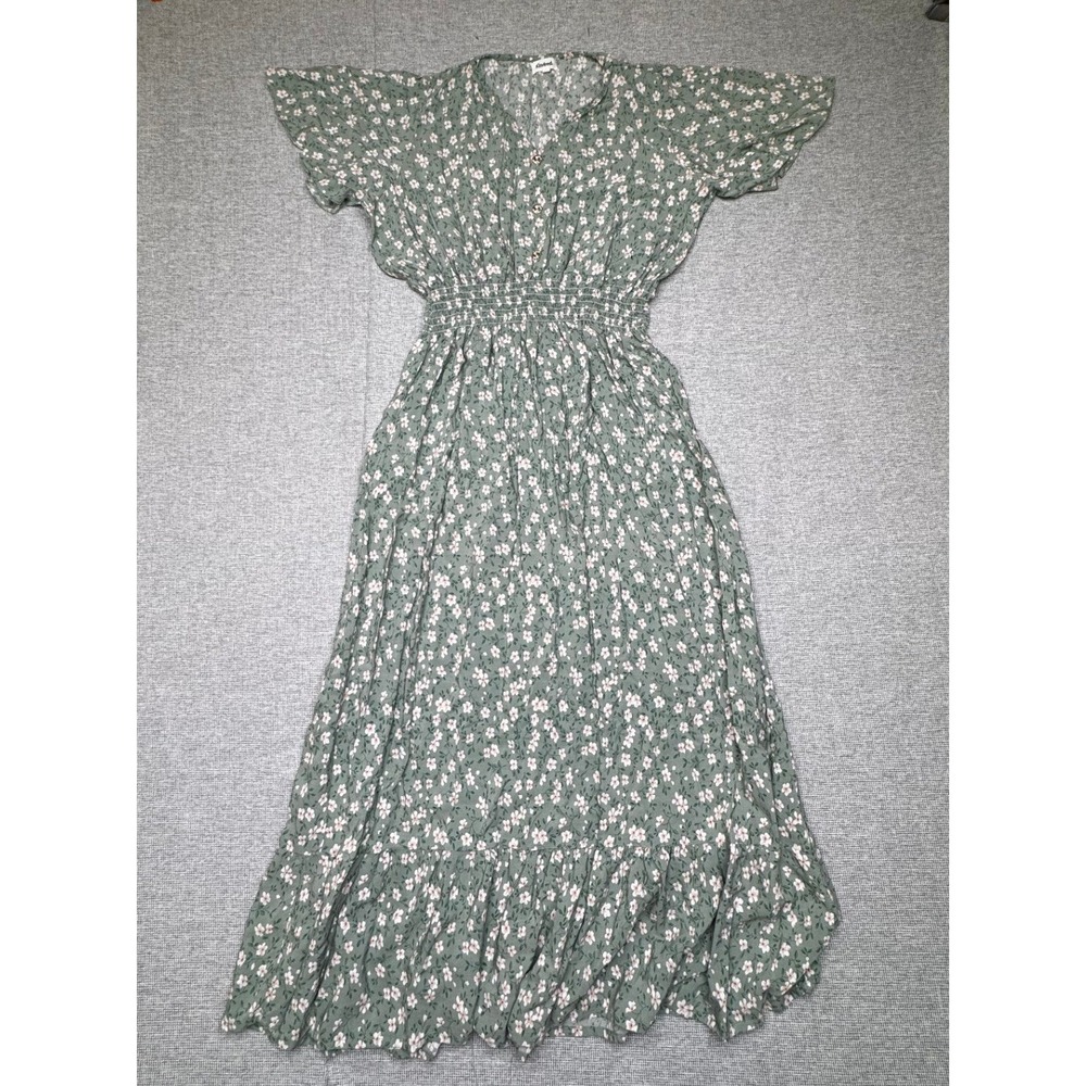 Kindred Sage Green Floral Maxi Dress Smocked Waist Flutter Sleeve